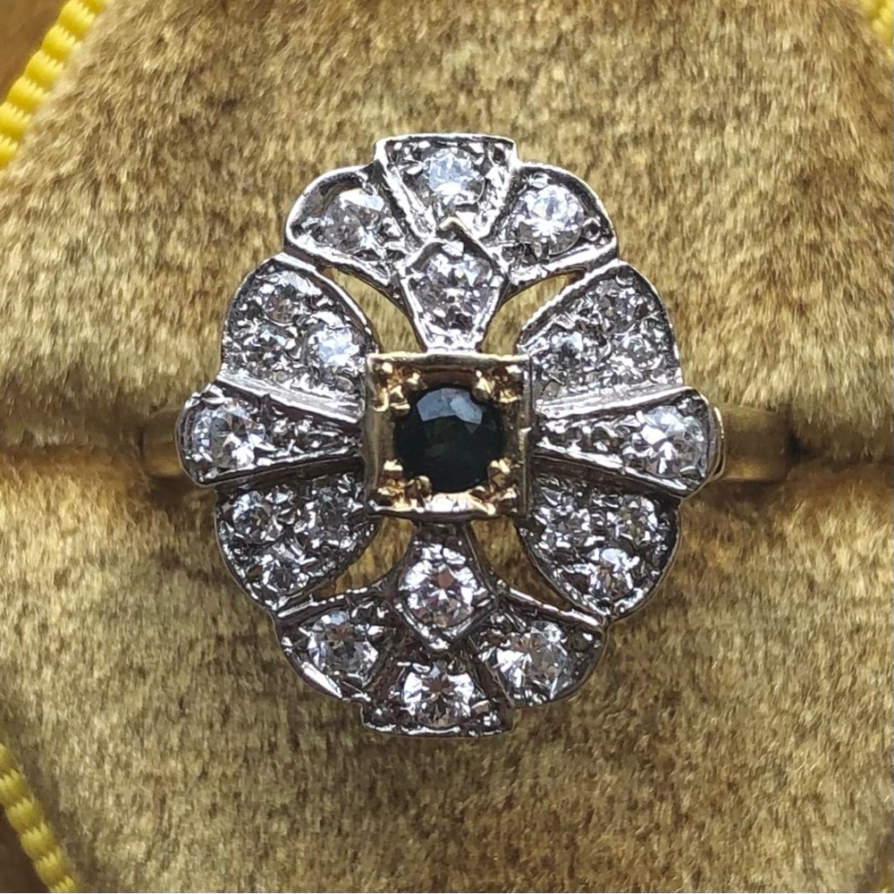 Art Deco Sapphire Ring Yellow Gold Lab Diamond Halo Vintage Ring